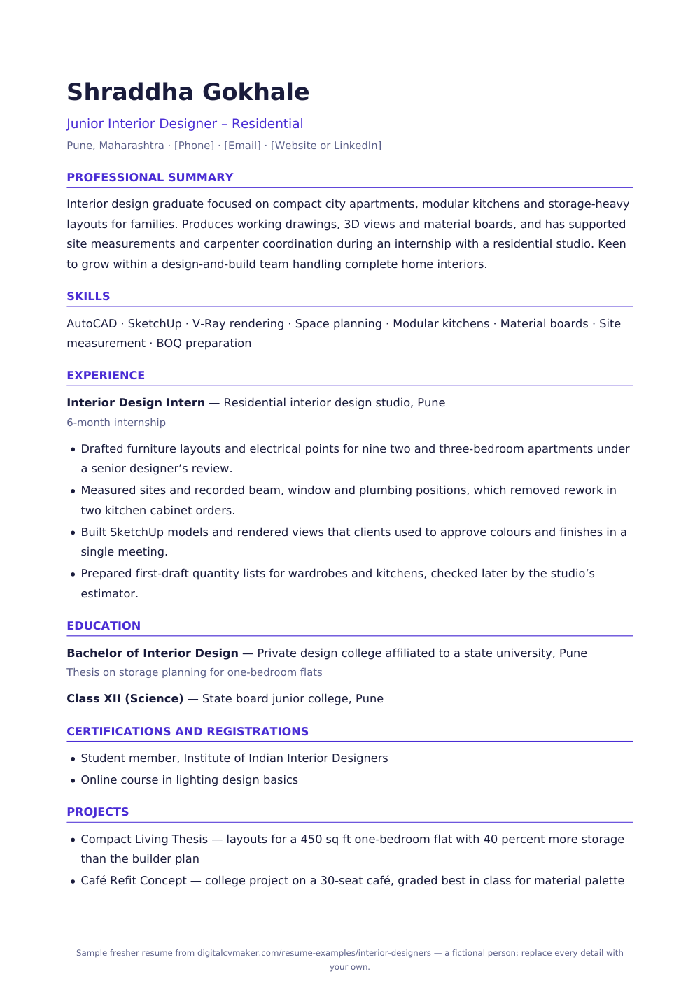 Sample fresher interior designer resume (page 1)