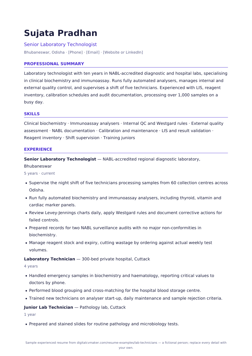 Sample experienced lab technician resume (page 1)