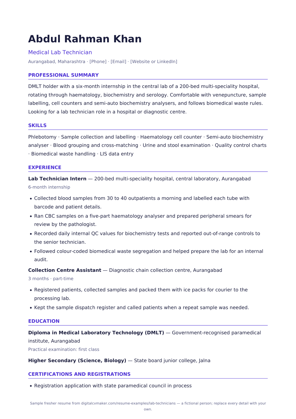 Sample fresher lab technician resume (page 1)