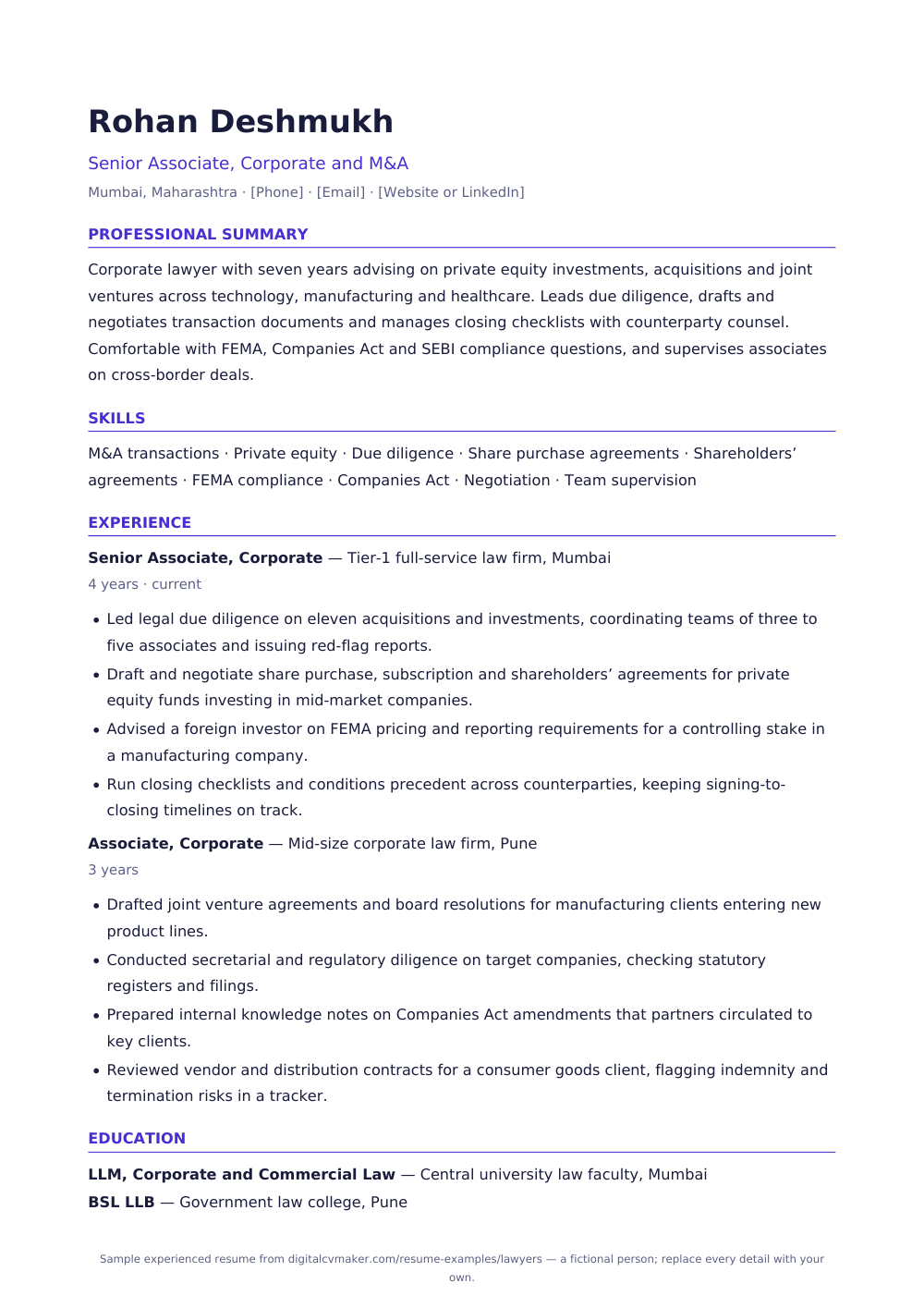 Sample experienced lawyer resume (page 1)