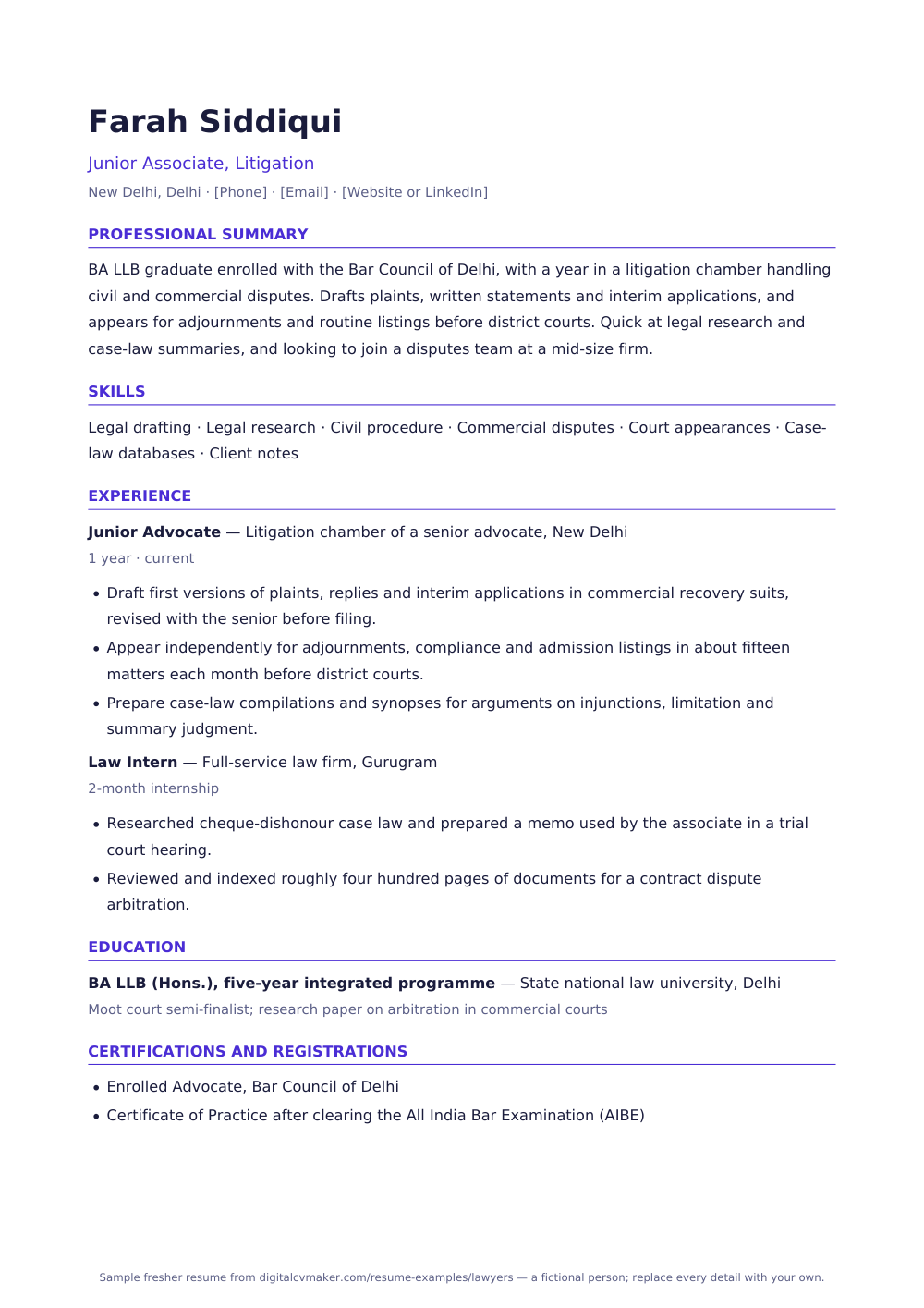 Sample fresher lawyer resume (page 1)