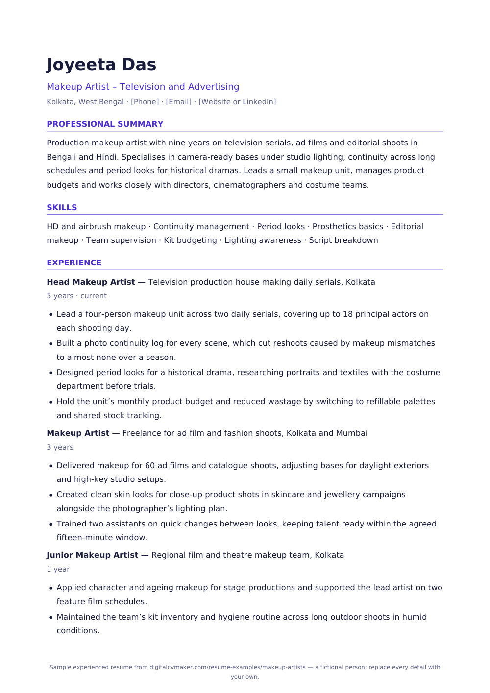 Sample experienced makeup artist resume (page 1)