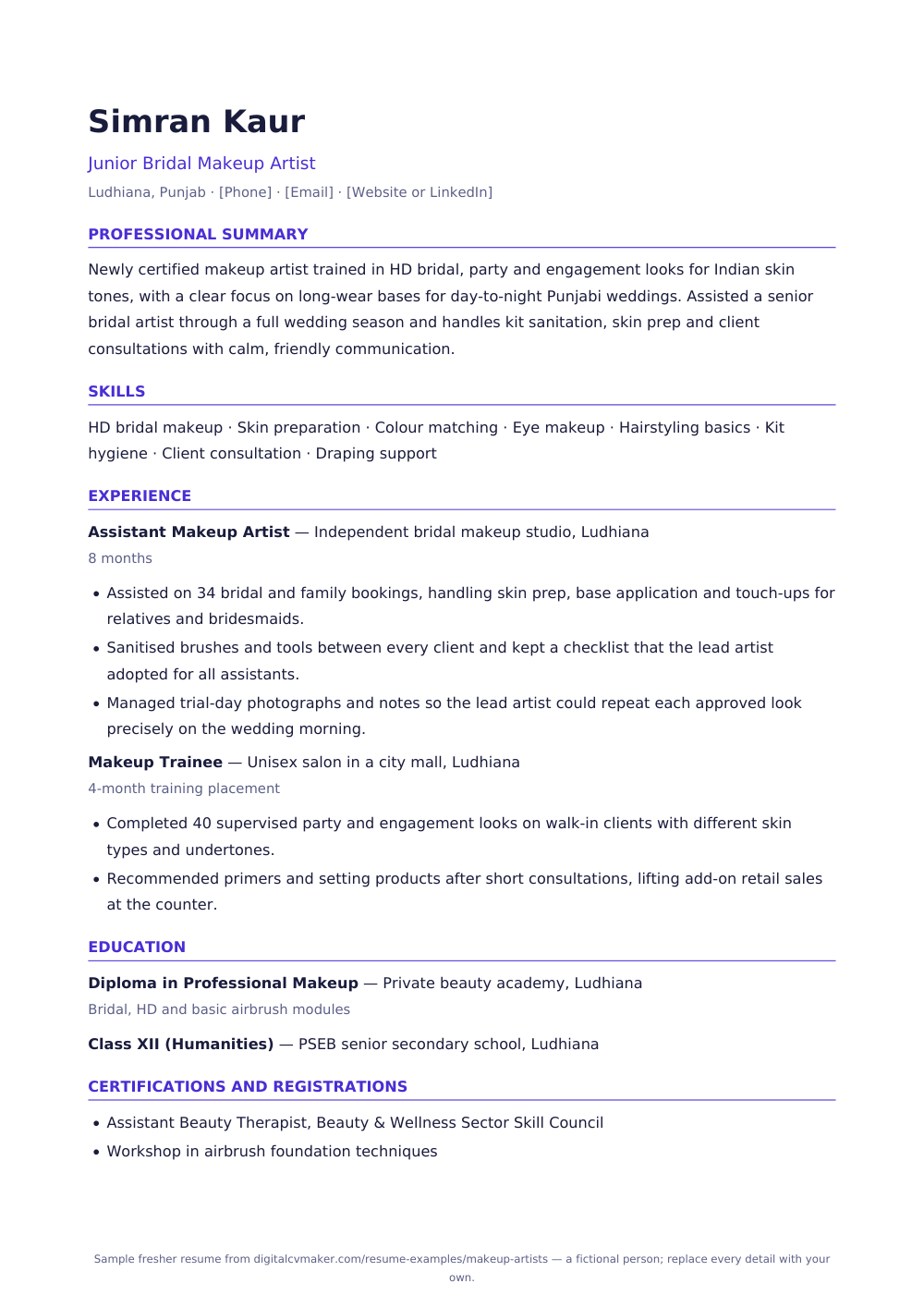 Sample fresher makeup artist resume (page 1)
