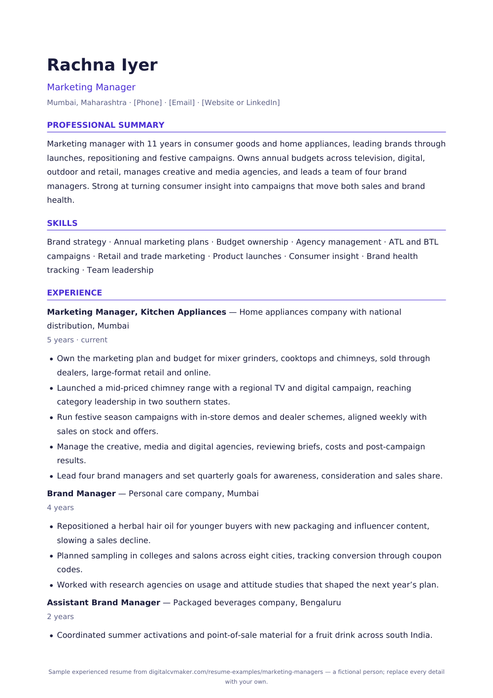 Sample experienced marketing manager resume (page 1)