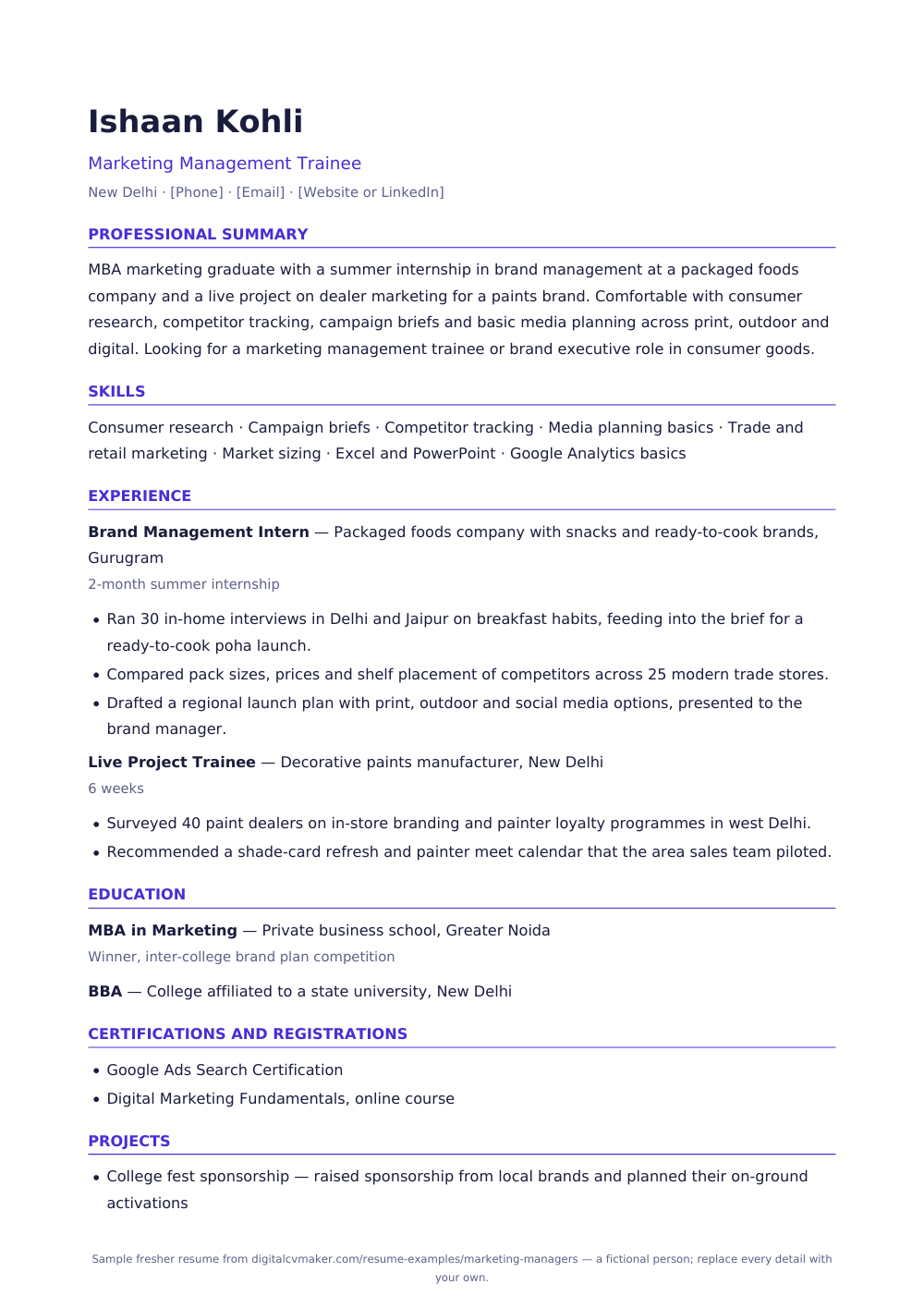 Sample fresher marketing manager resume (page 1)