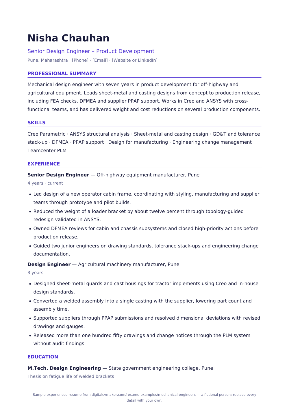 Sample experienced mechanical engineer resume (page 1)