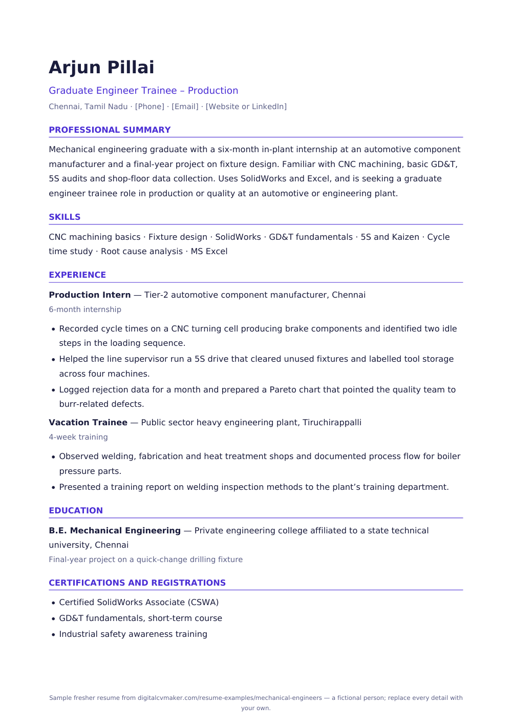 Sample fresher mechanical engineer resume (page 1)
