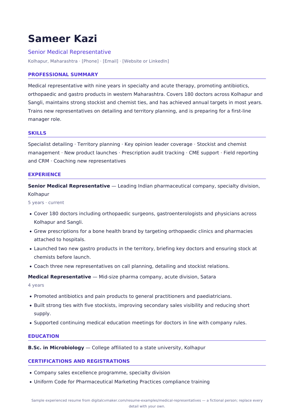 Sample experienced medical representative resume (page 1)