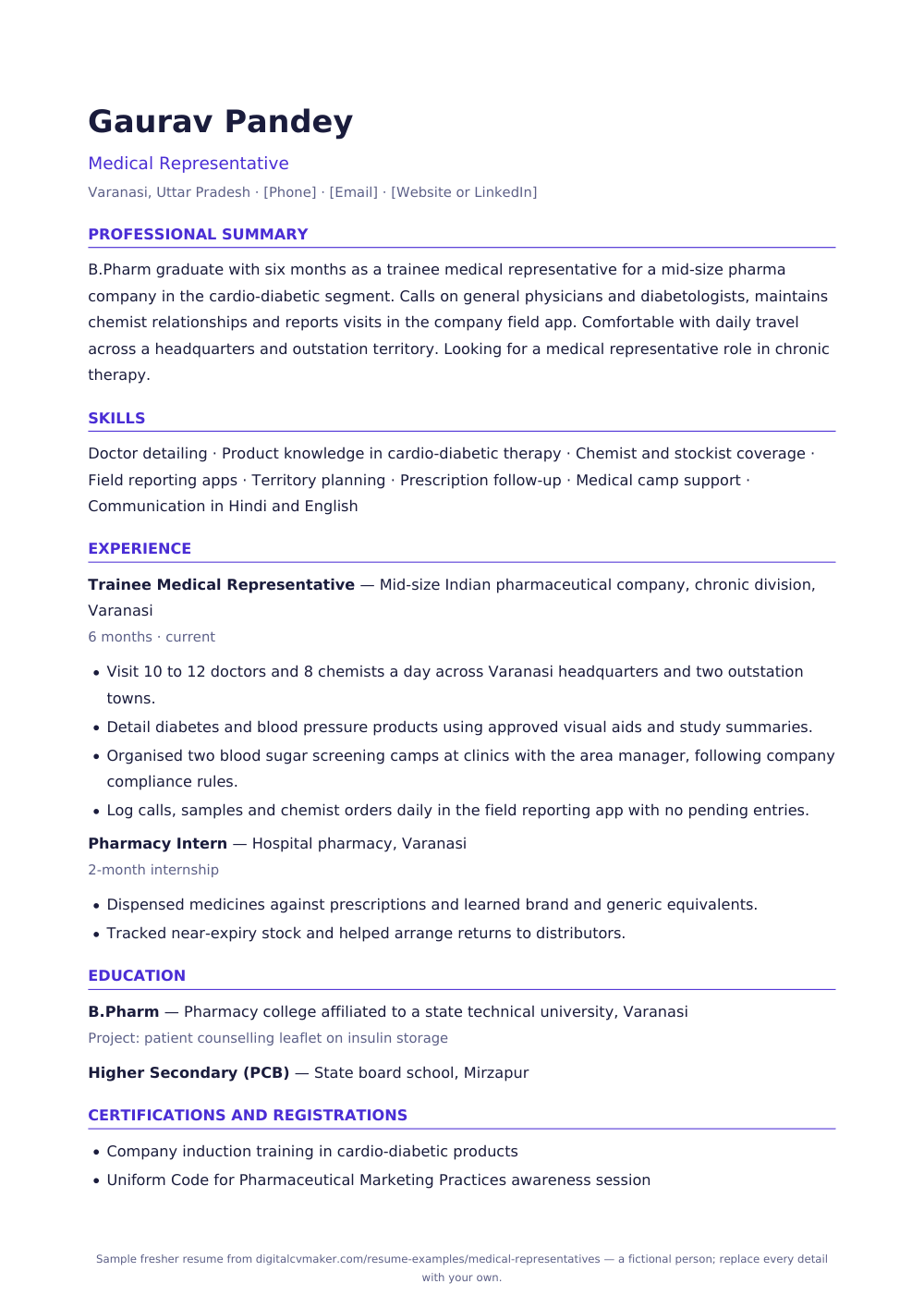 Sample fresher medical representative resume (page 1)