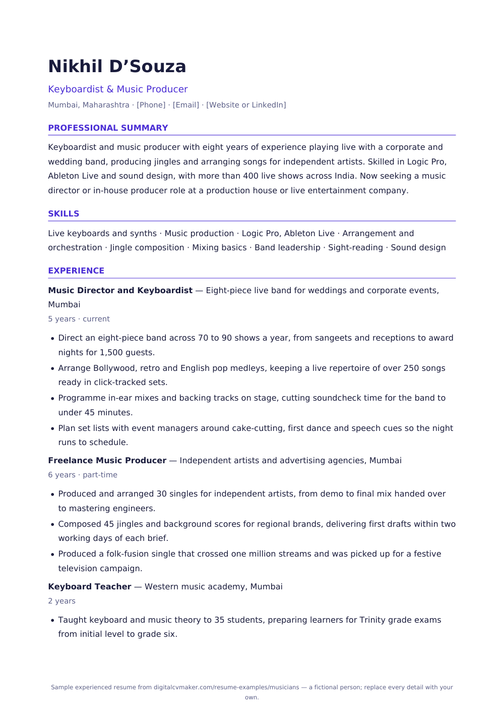 Sample experienced musician resume (page 1)