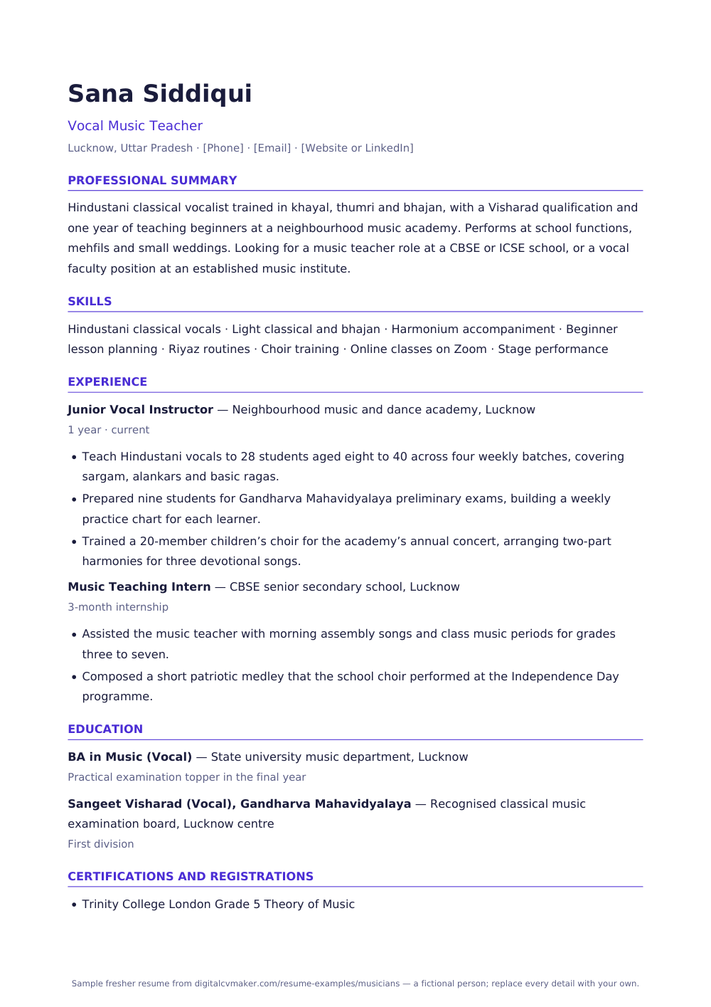 Sample fresher musician resume (page 1)