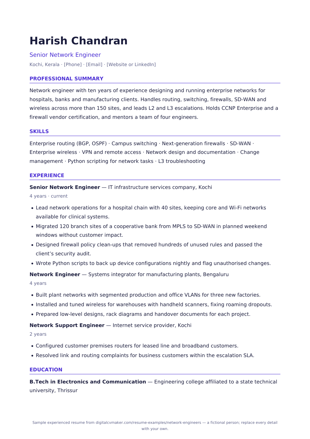 Sample experienced network engineer resume (page 1)