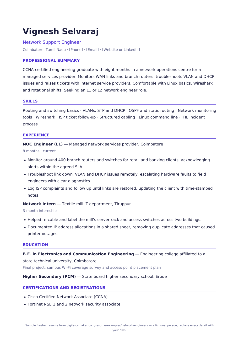 Sample fresher network engineer resume (page 1)