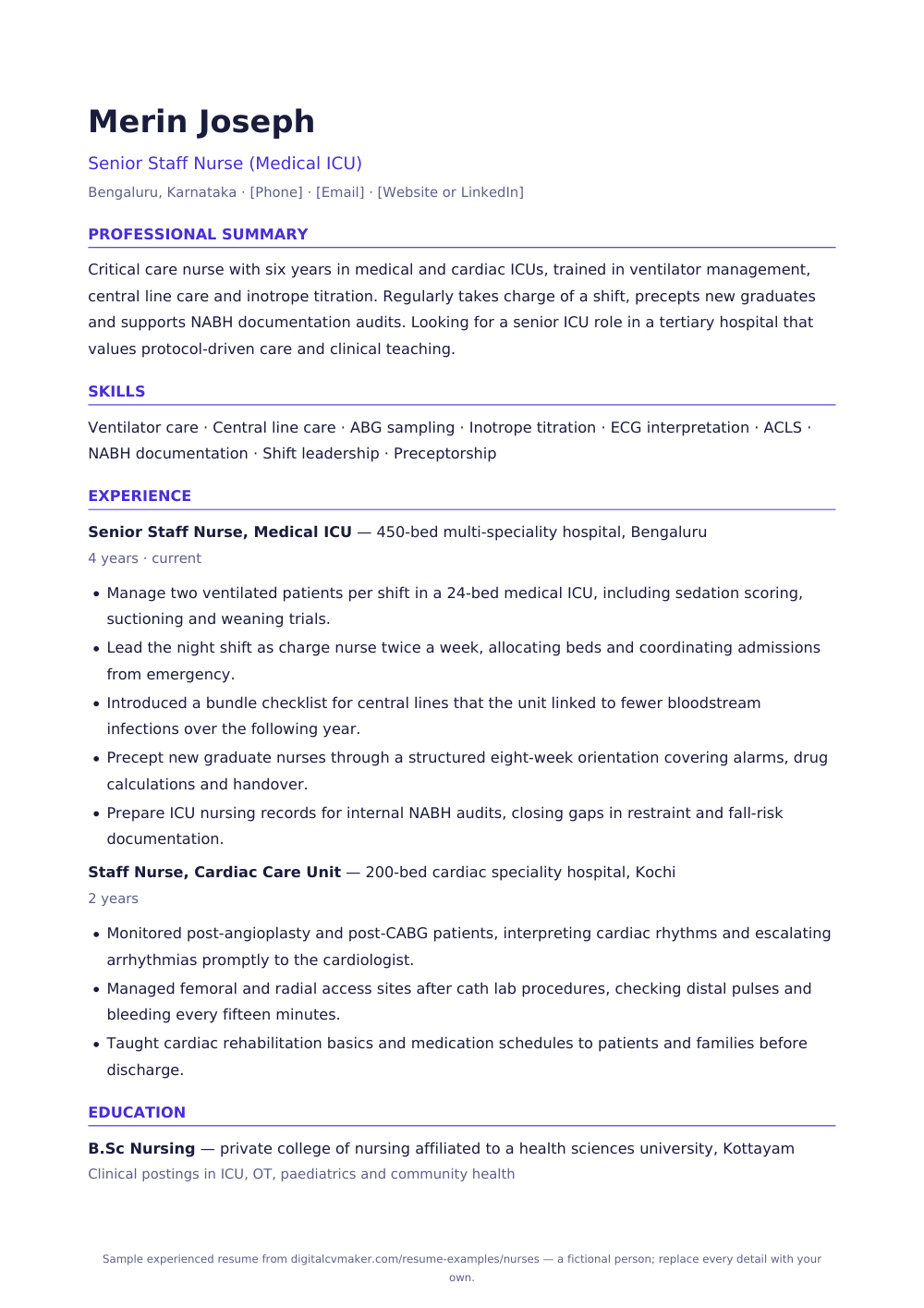 Sample experienced nurse resume (page 1)