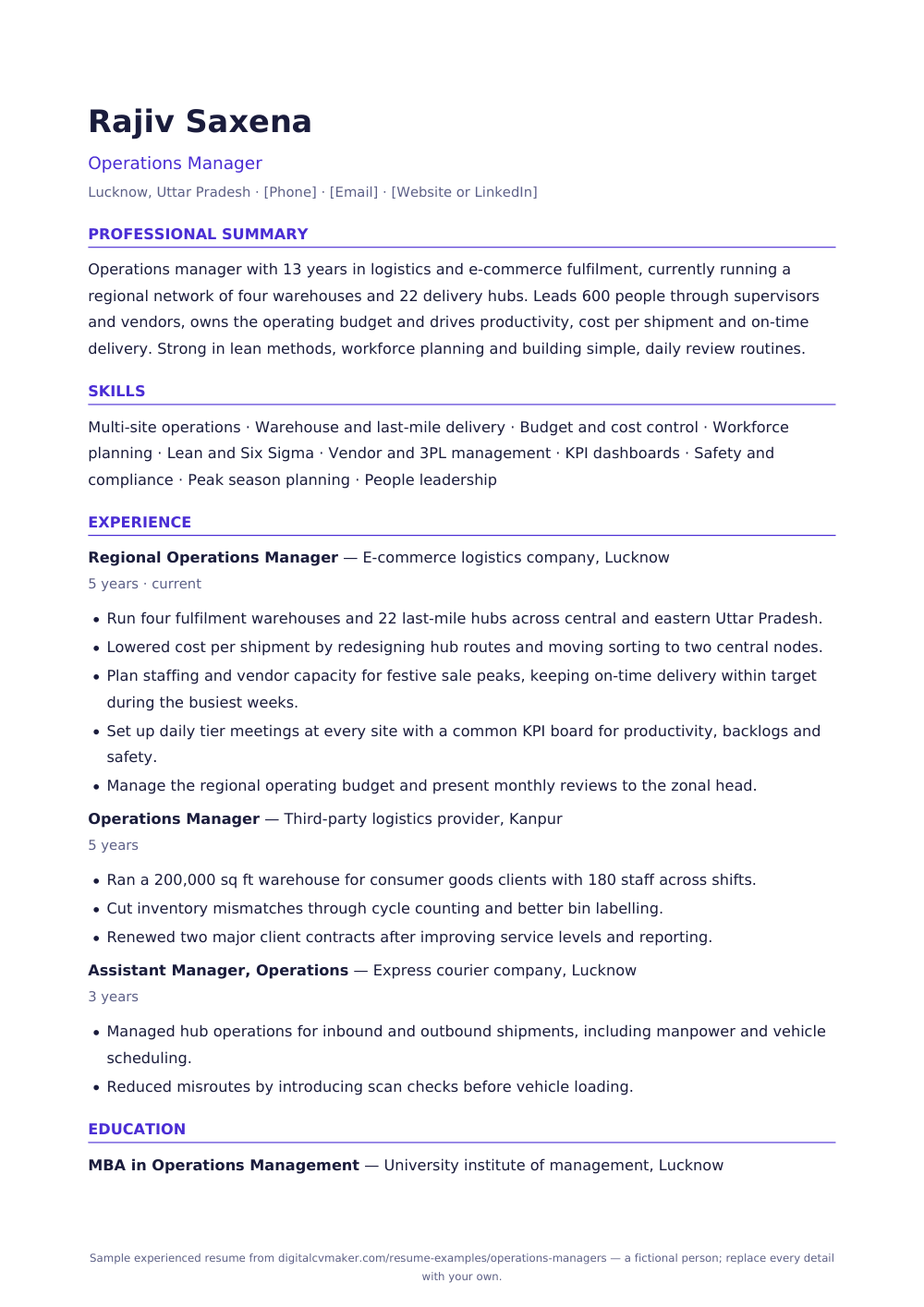 Sample experienced operations manager resume (page 1)