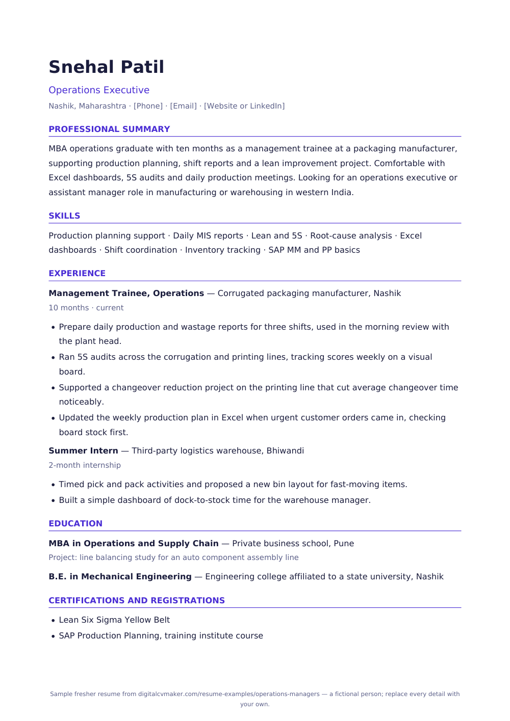 Sample fresher operations manager resume (page 1)