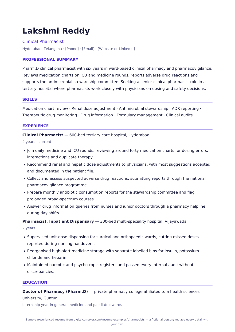 Sample experienced pharmacist resume (page 1)
