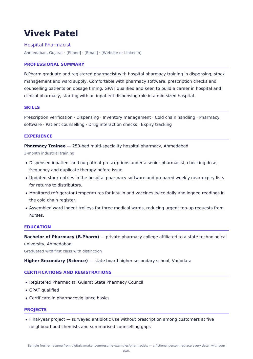Sample fresher pharmacist resume (page 1)