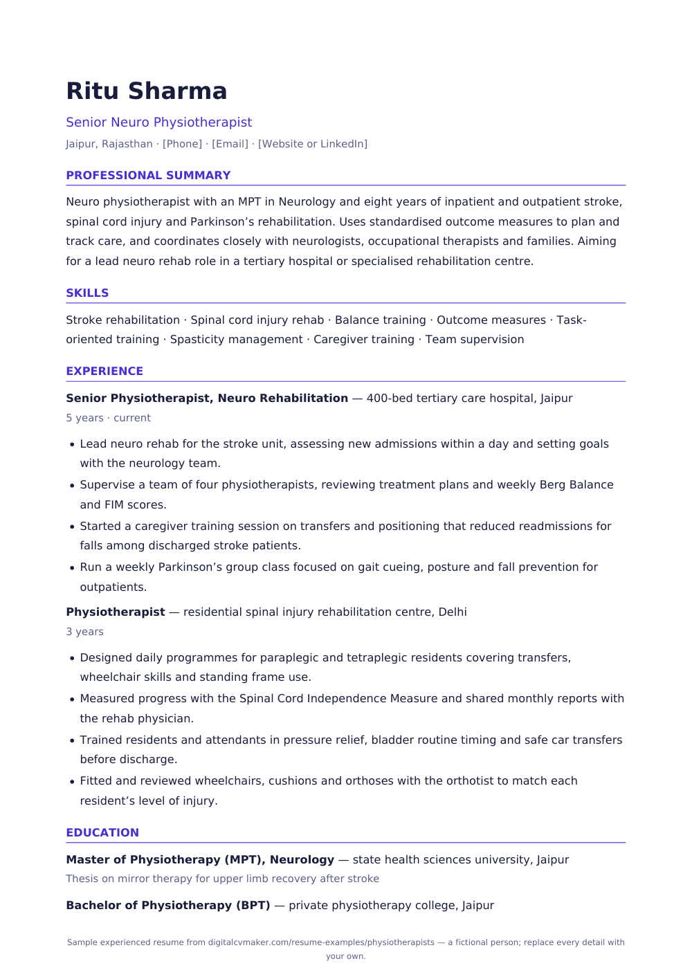 Sample experienced physiotherapist resume (page 1)