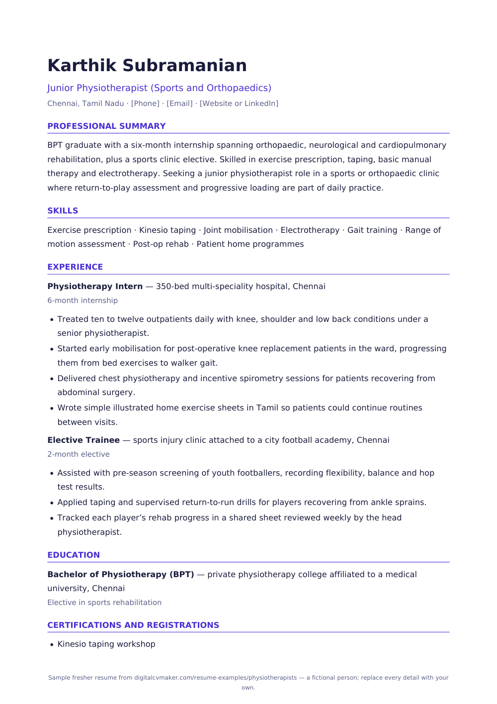 Sample fresher physiotherapist resume (page 1)