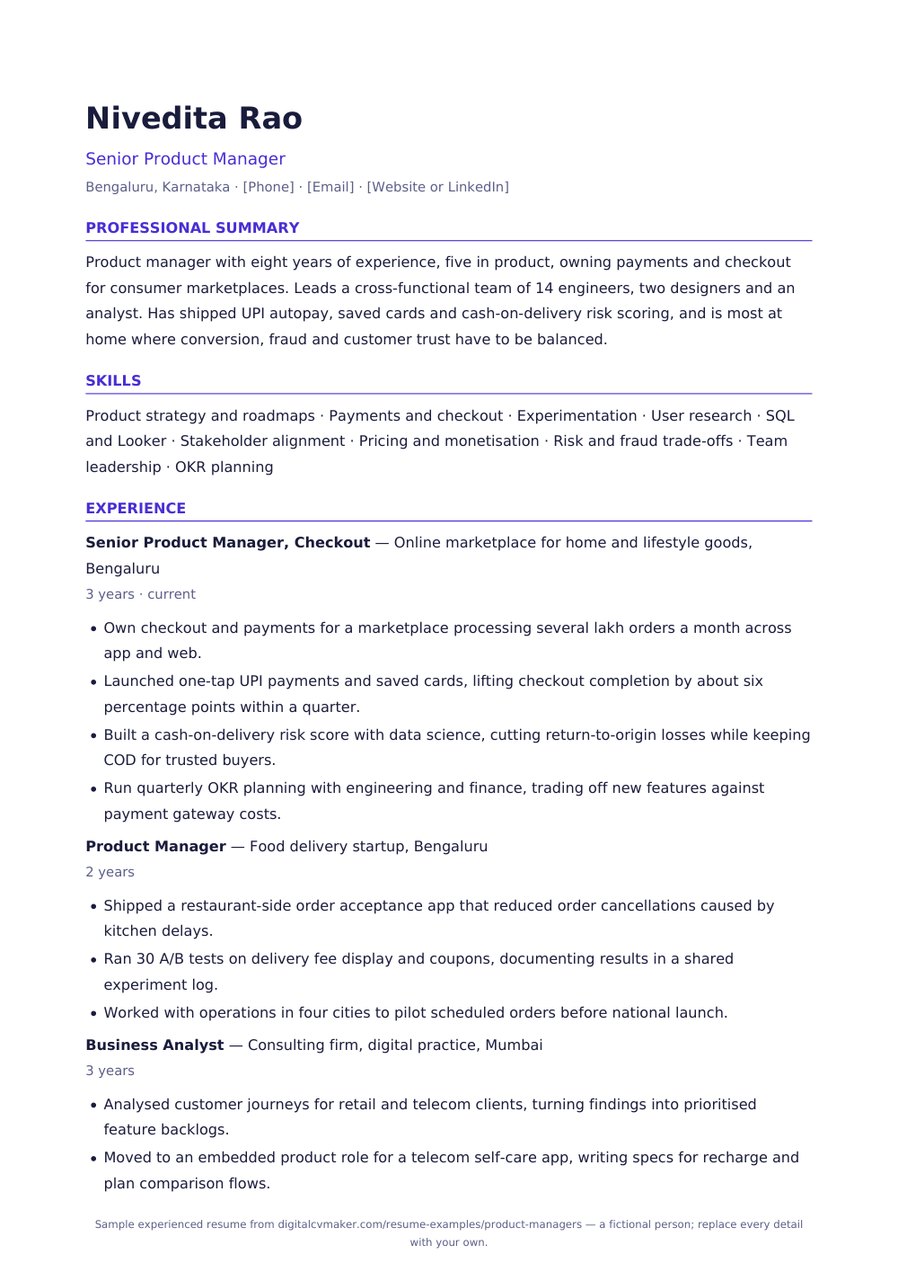 Sample experienced product manager resume (page 1)