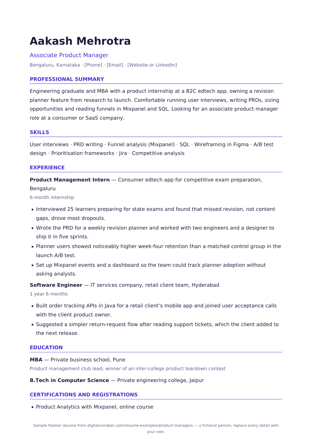 Sample fresher product manager resume (page 1)