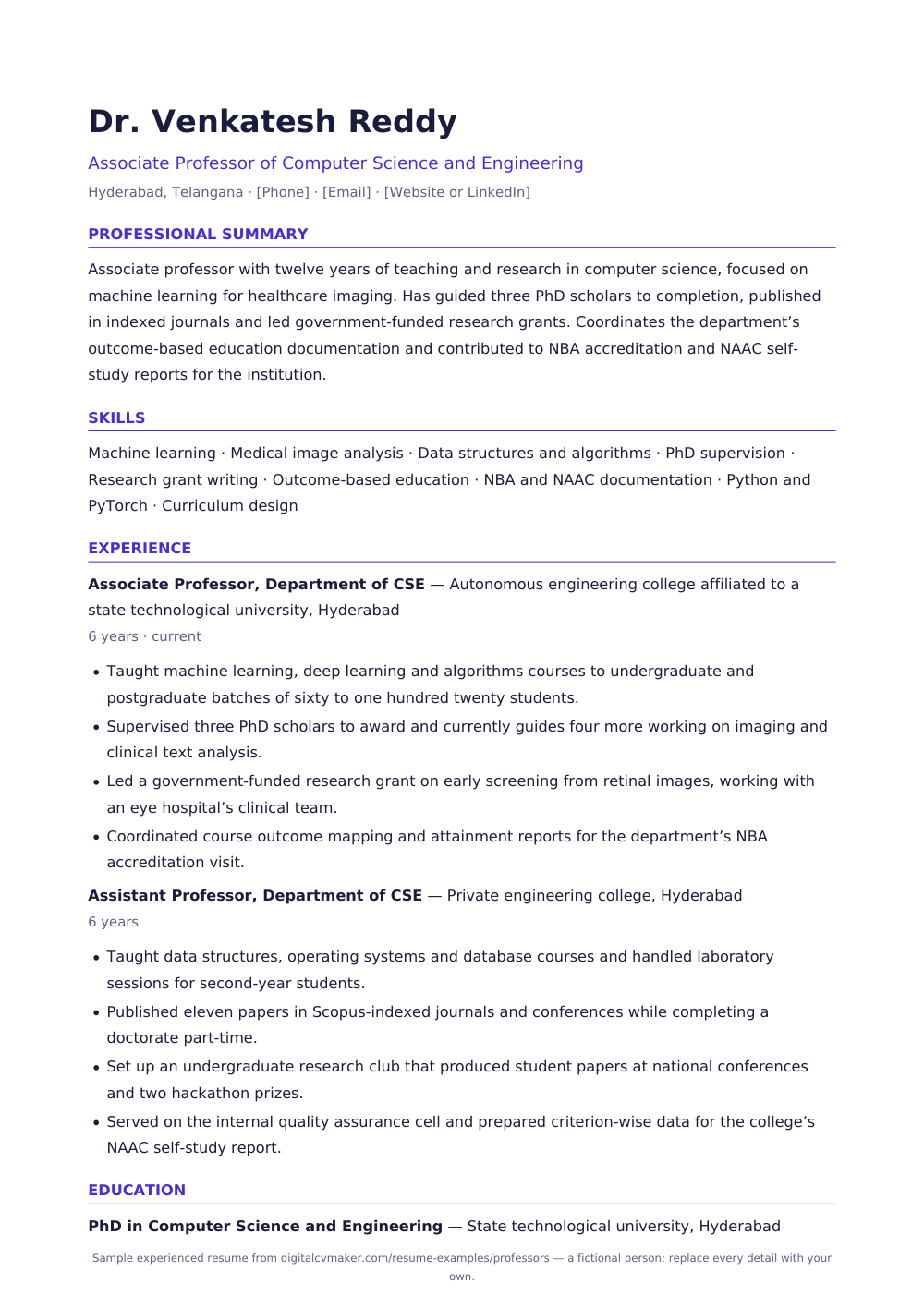 Sample experienced professor resume (page 1)