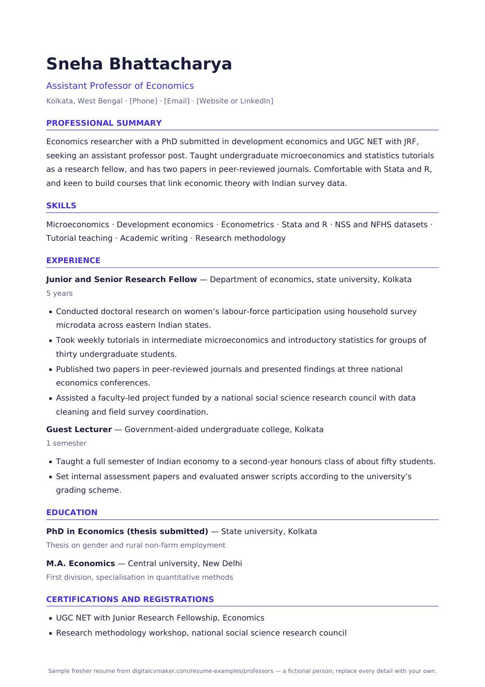 Sample fresher professor resume (page 1)