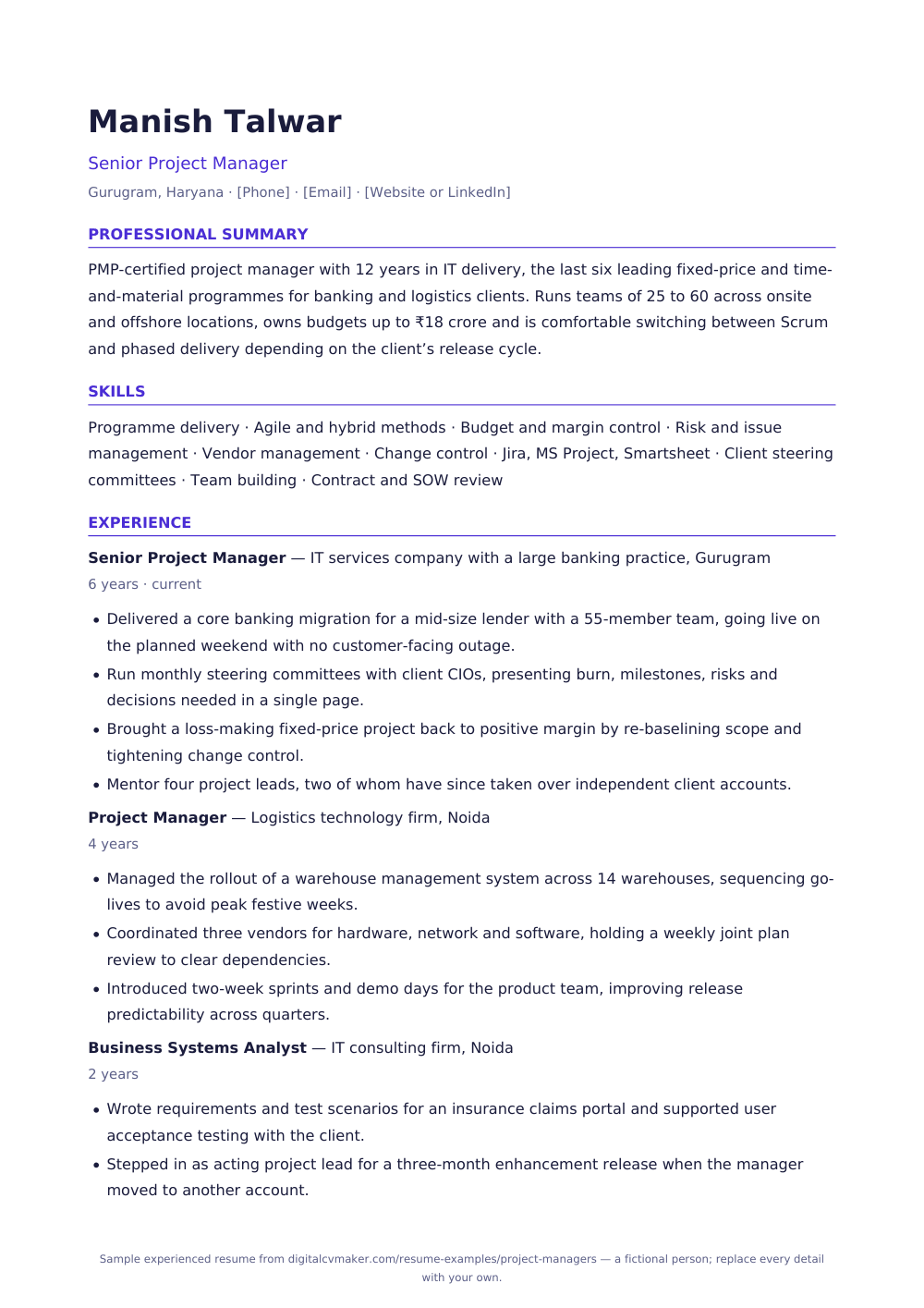 Sample experienced project manager resume (page 1)