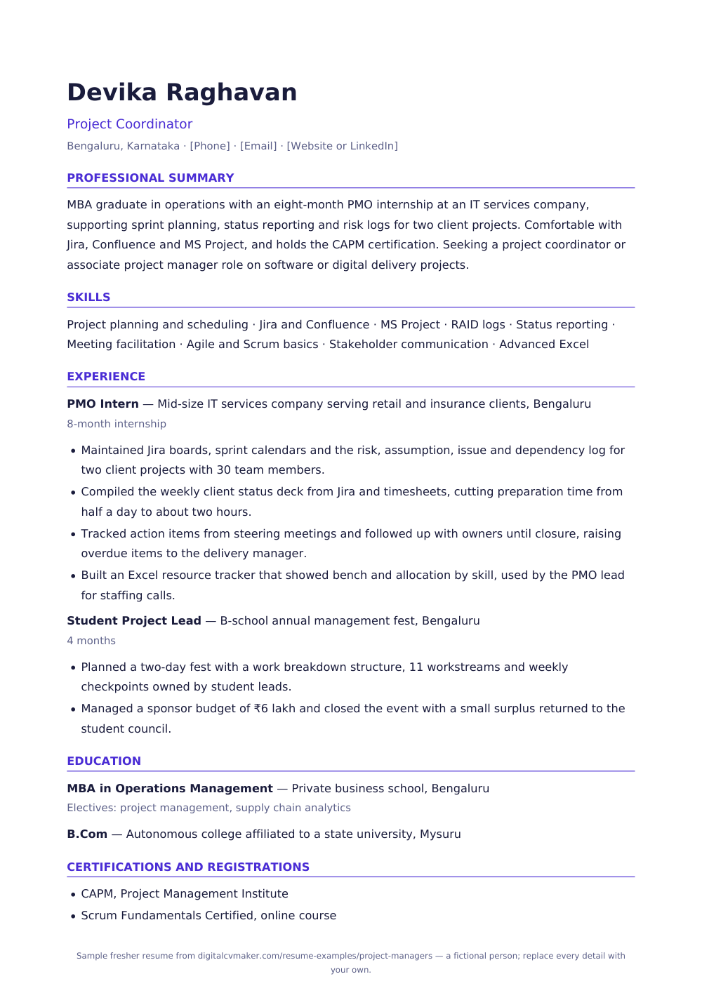 Sample fresher project manager resume (page 1)