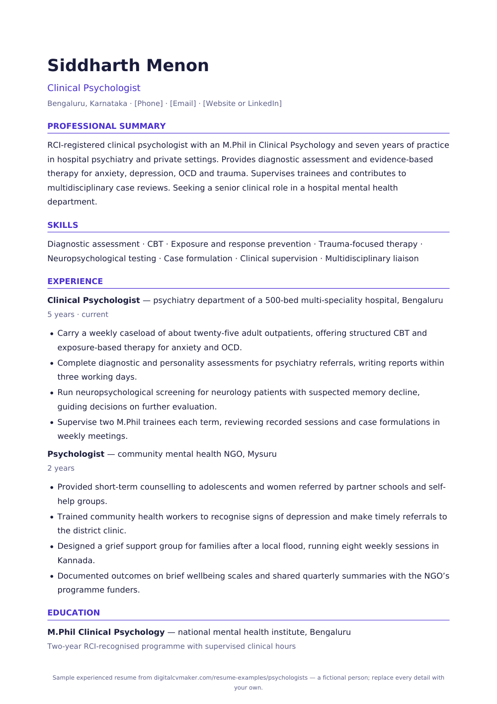 Sample experienced psychologist resume (page 1)