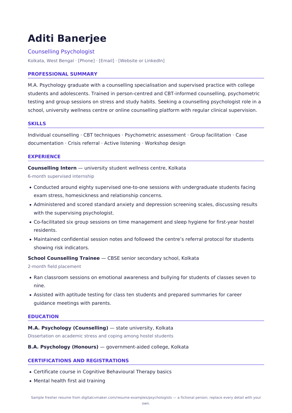 Sample fresher psychologist resume (page 1)