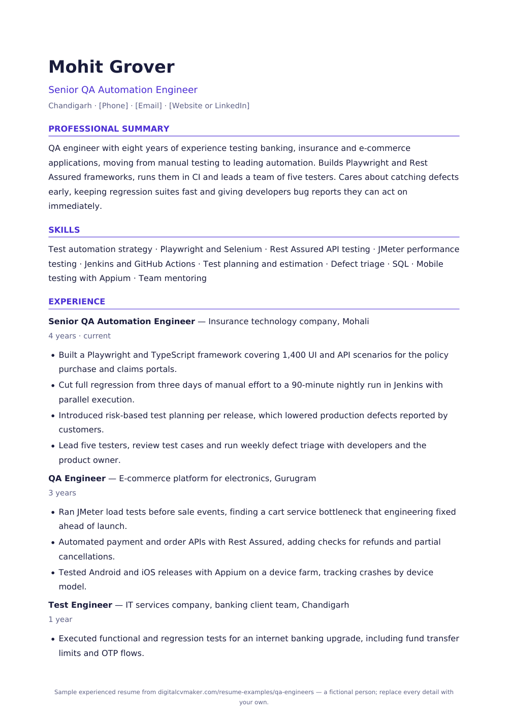 Sample experienced QA engineer resume (page 1)