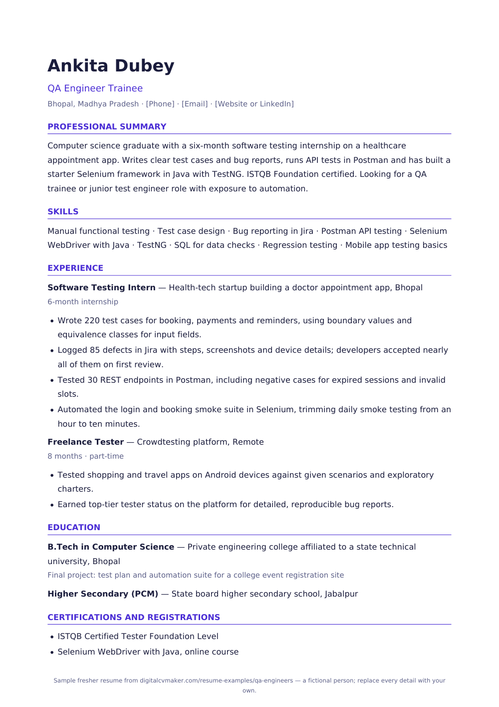 Sample fresher QA engineer resume (page 1)