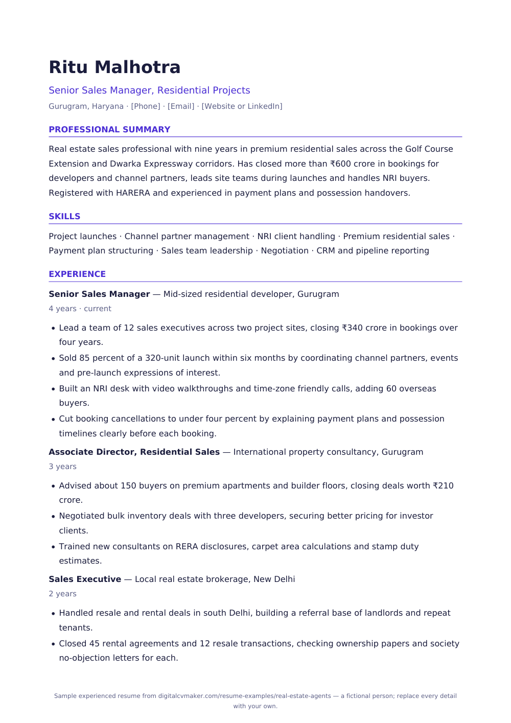 Sample experienced real estate agent resume (page 1)