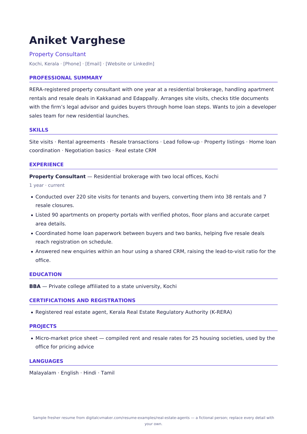 Sample fresher real estate agent resume (page 1)