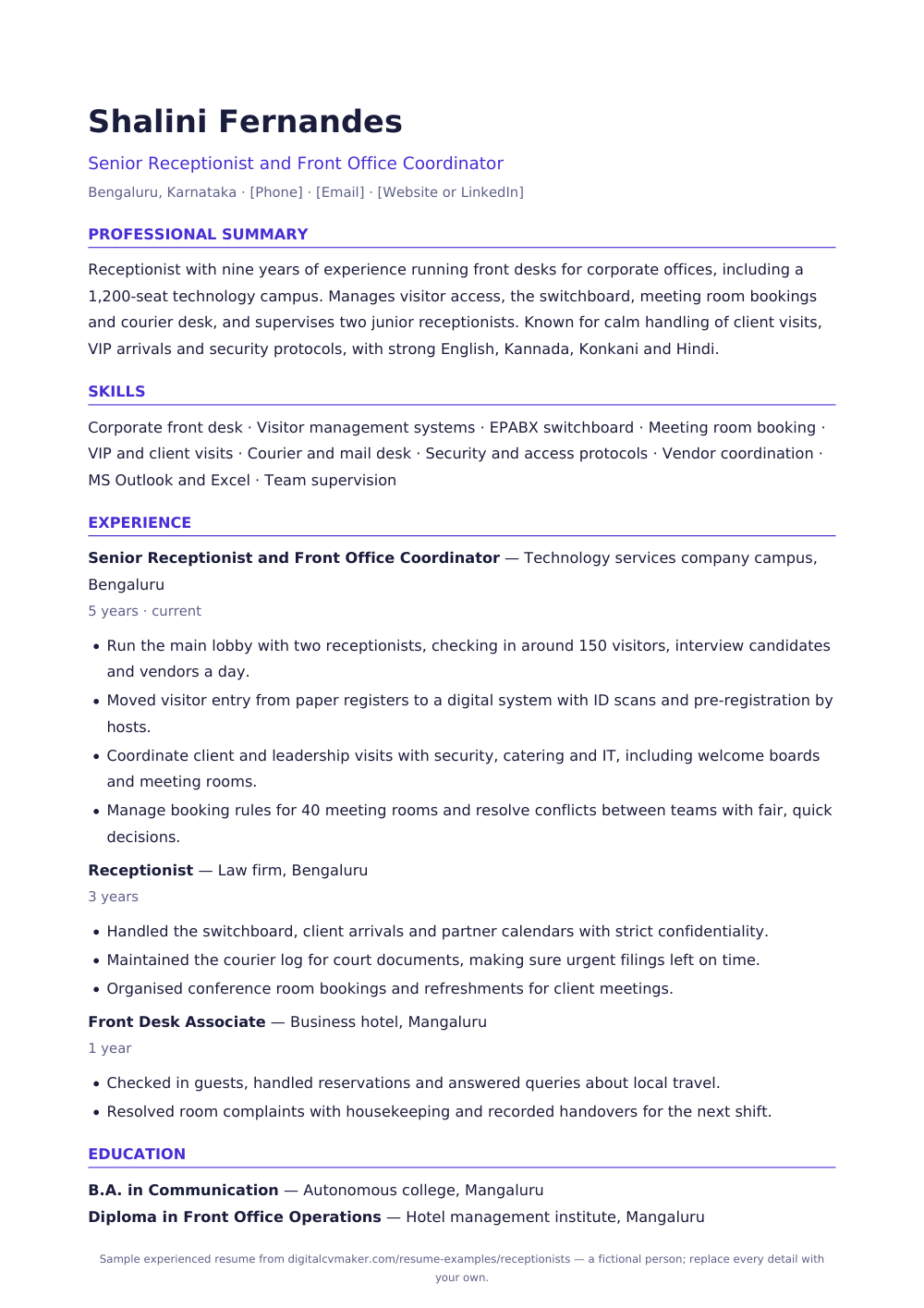 Sample receptionist resume, page 1 of the PDF