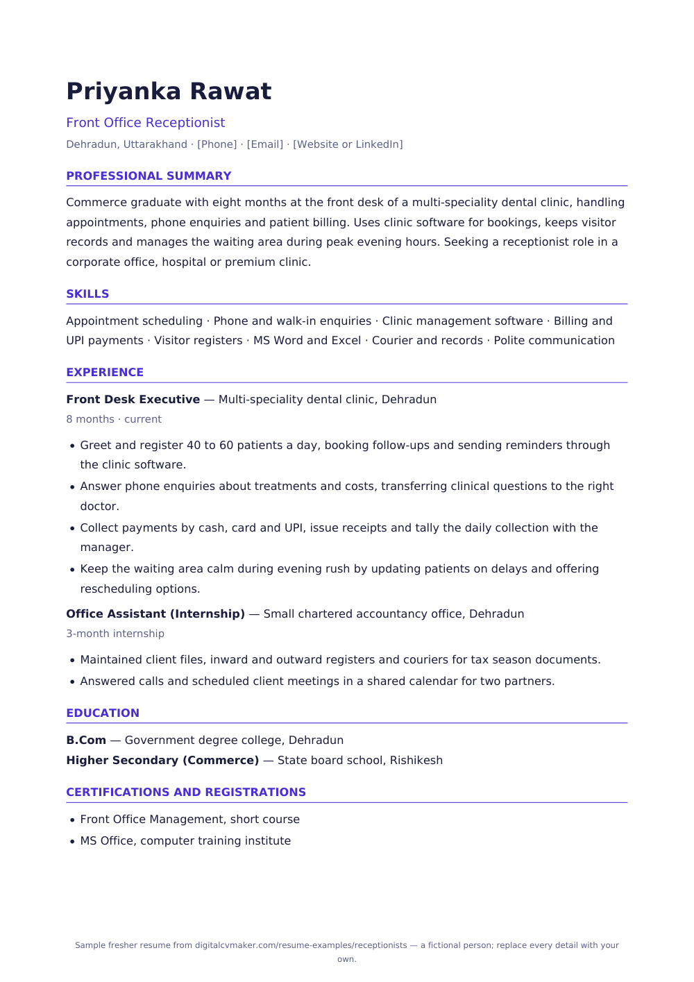 Sample fresher receptionist resume (page 1)