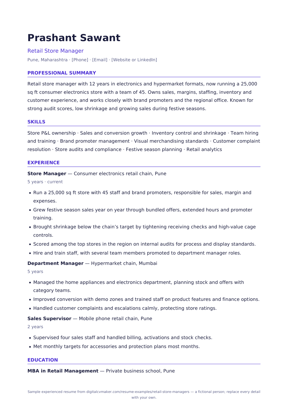 Sample retail store manager resume, page 1 of the PDF