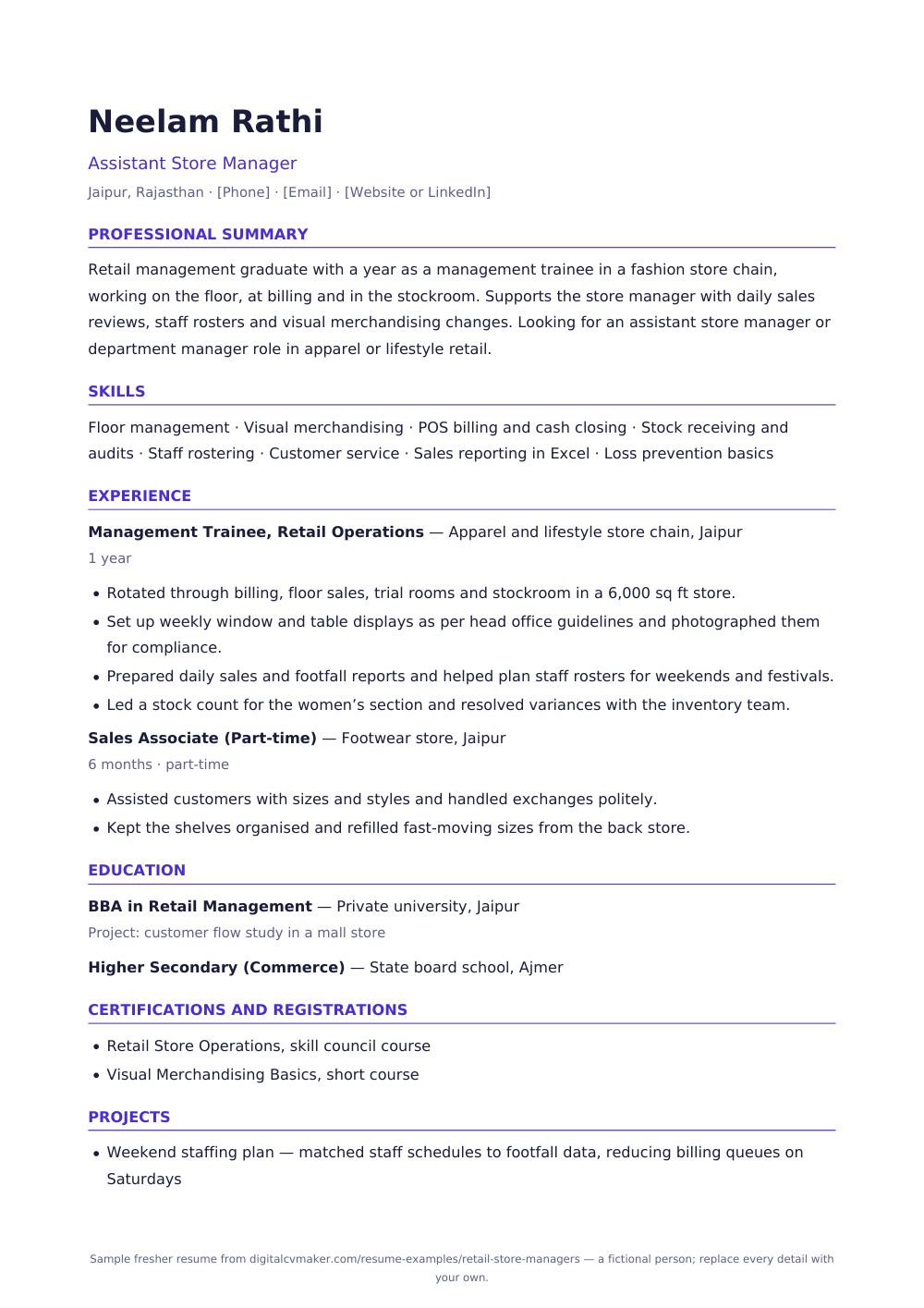 Sample fresher retail store manager resume (page 1)