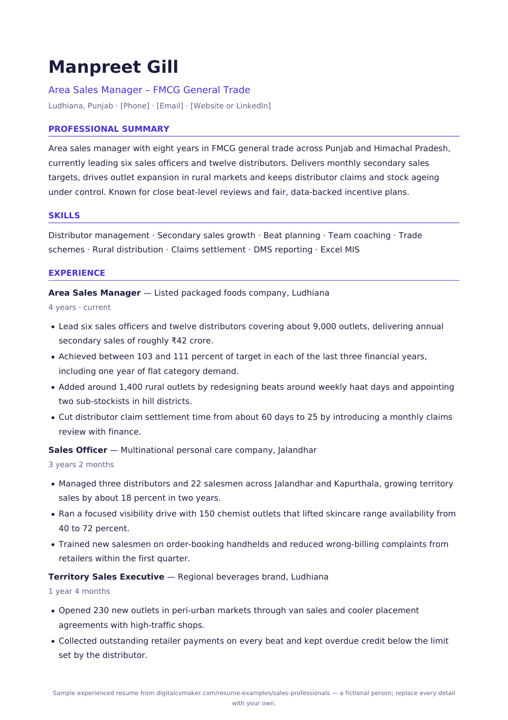 Sample experienced sales professional resume (page 1)