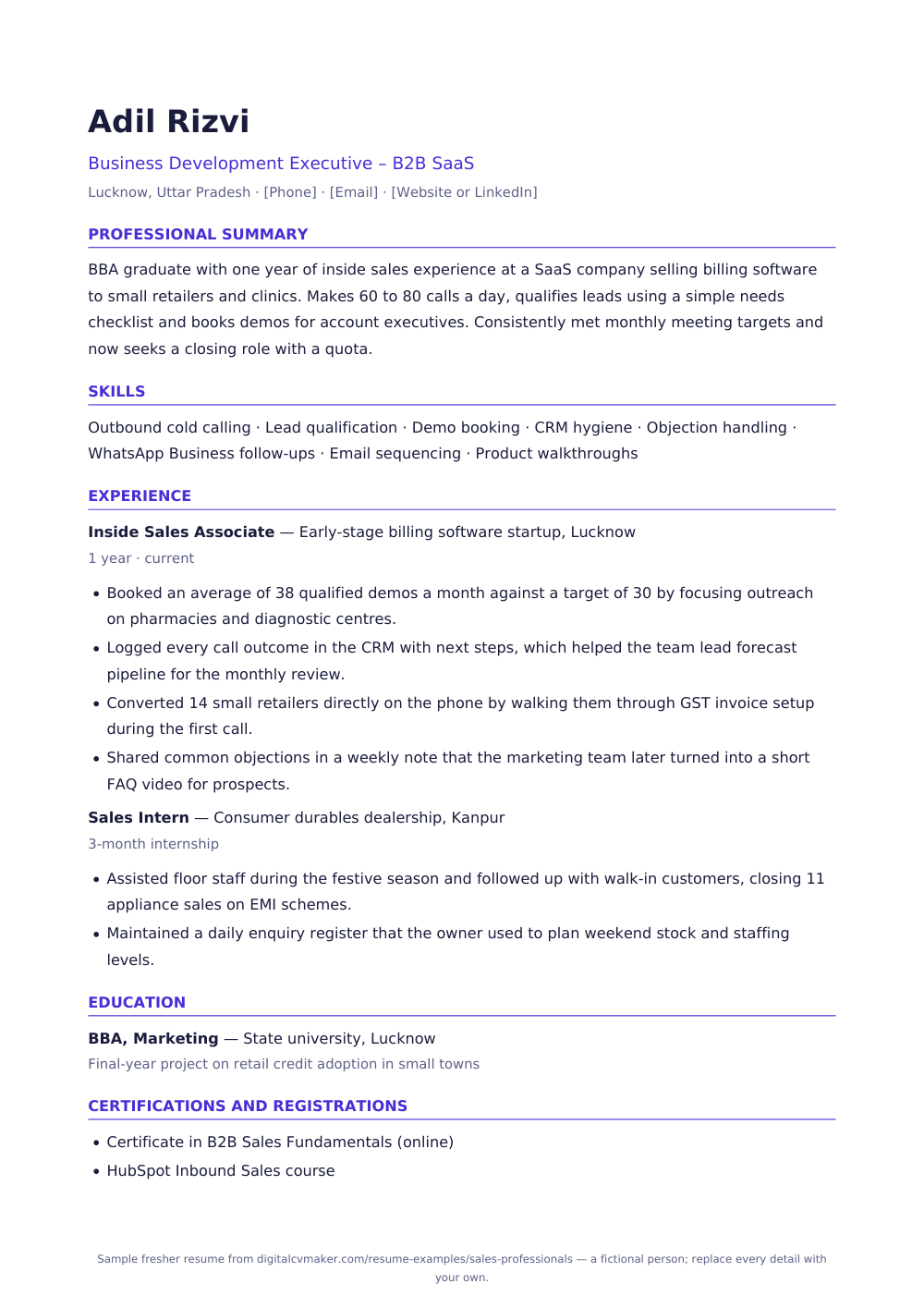 Sample fresher sales professional resume (page 1)