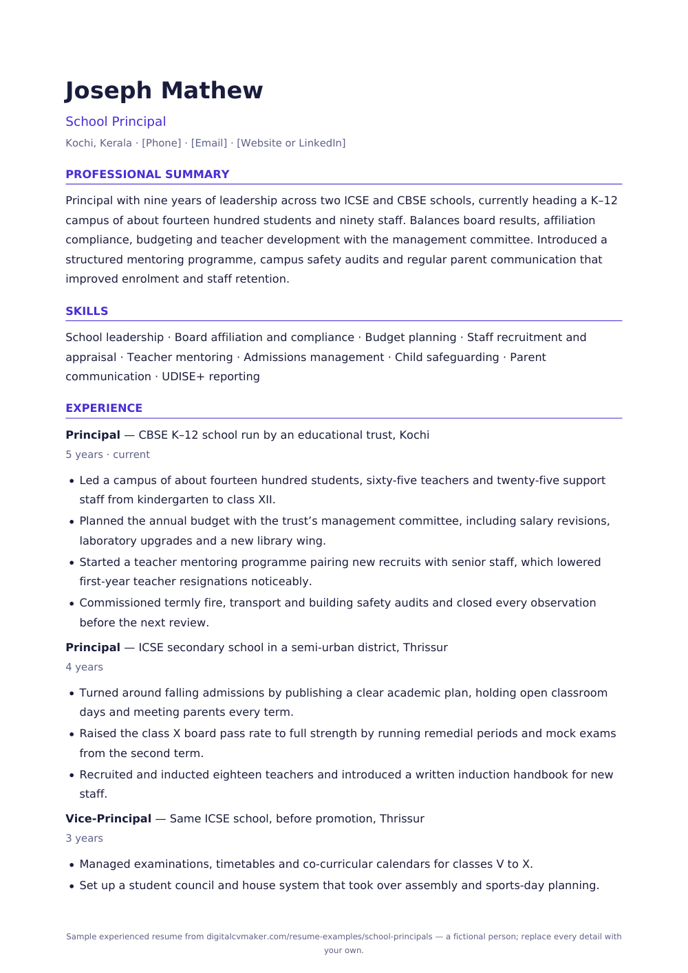 Sample experienced school principal resume (page 1)