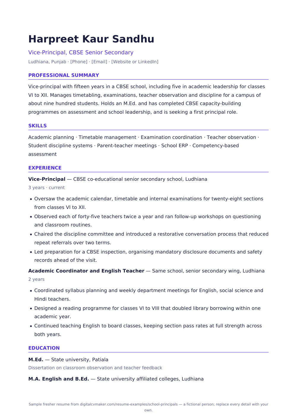 Sample fresher school principal resume (page 1)