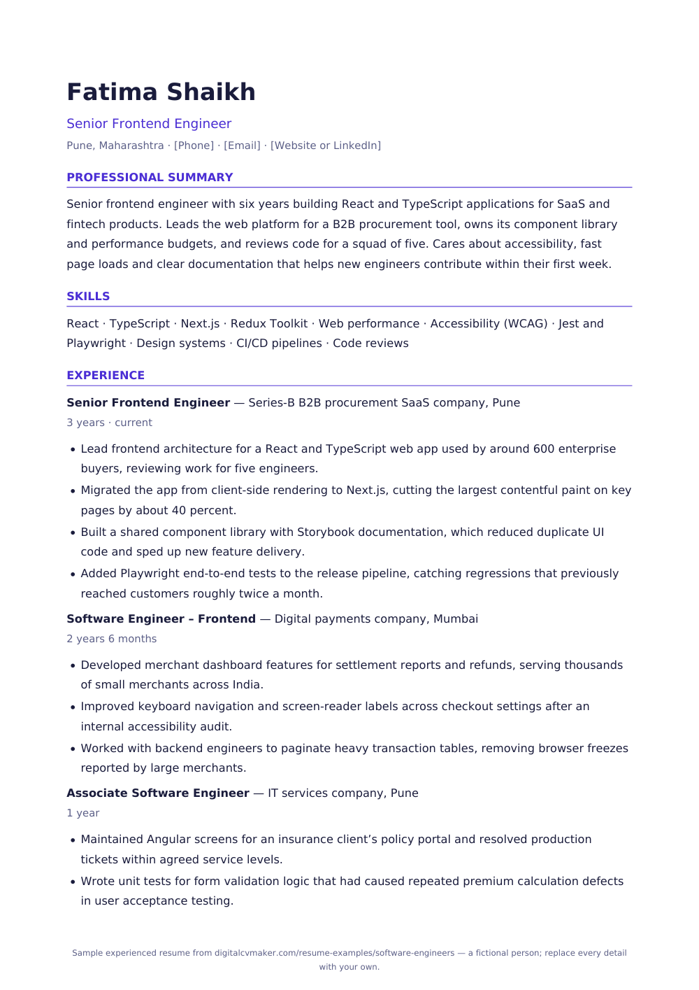 Sample software engineer resume, page 1 of the PDF