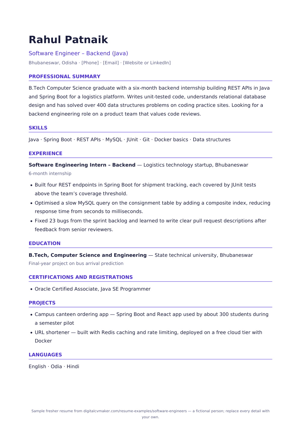 Sample fresher software engineer resume (page 1)