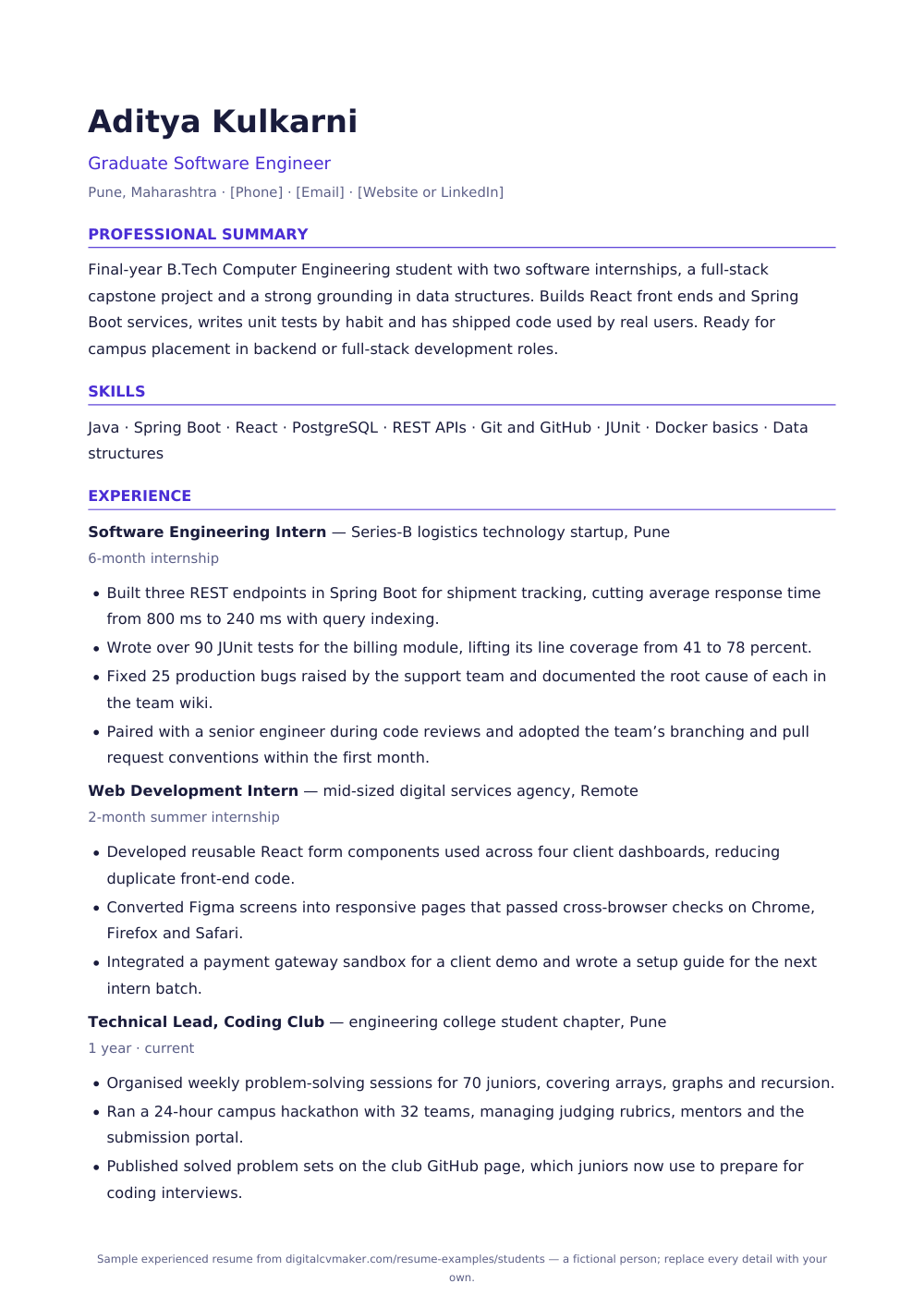 Sample experienced student resume (page 1)