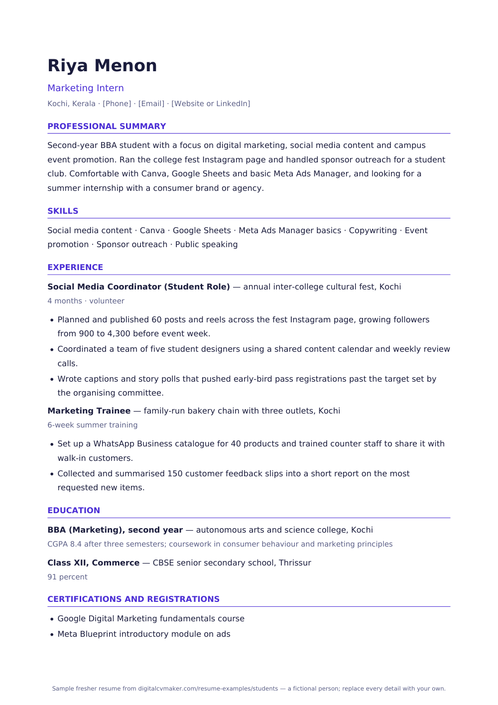 Sample fresher student resume (page 1)