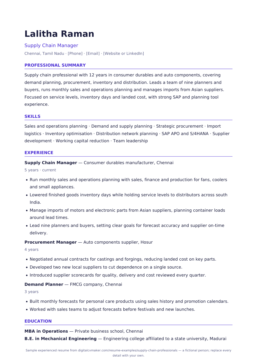 Sample experienced supply chain professional resume (page 1)