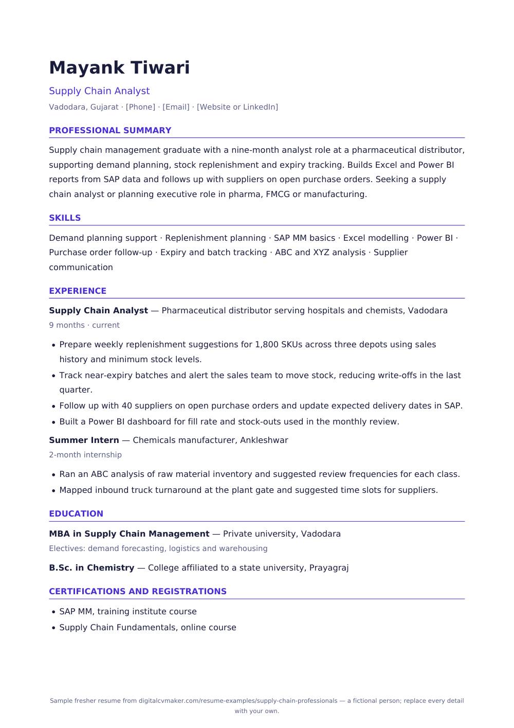 Sample fresher supply chain professional resume (page 1)